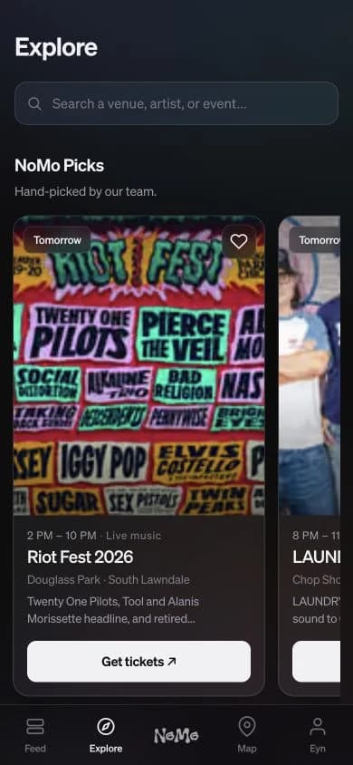 Current Nomo Explore screen with hand-picked events including Riot Fest 2026.