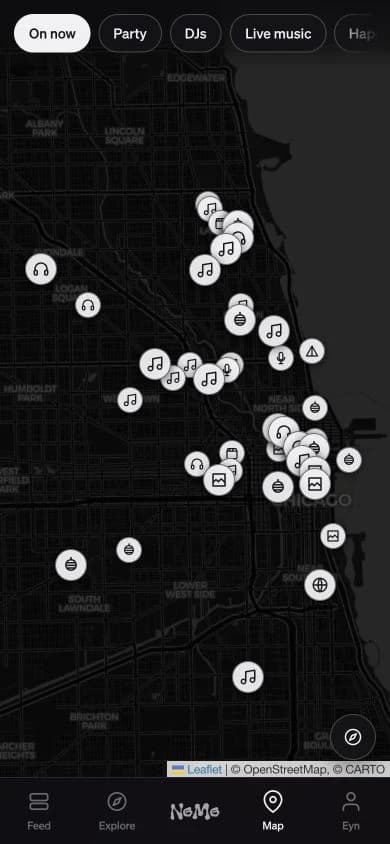 Current Nomo map showing Chicago events and category filters.
