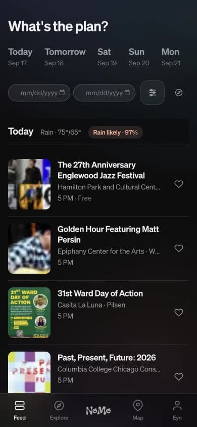 Current Nomo Feed showing Chicago events for September 17 and date filters.